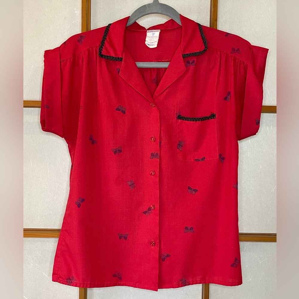 Vintage Red Blouse with Black Butterfly and Dots